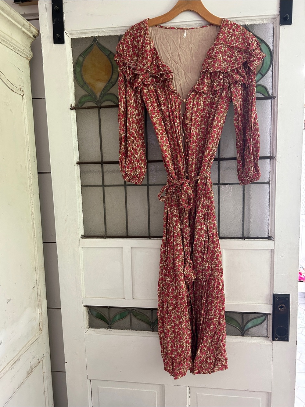 Free People Red Floral Ruffle Wrap Maxi Dress
